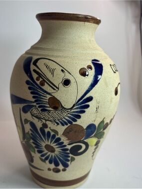 HB MCX Mexican Tonala Pottery Vase Hand Painted Bird Floral Design Handmade